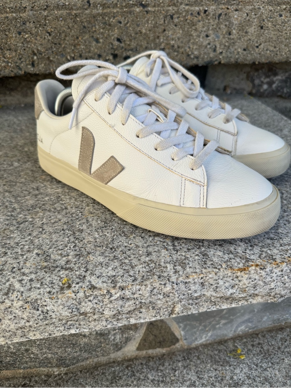 Veja White Leather Sneakers with Tan V Detail
